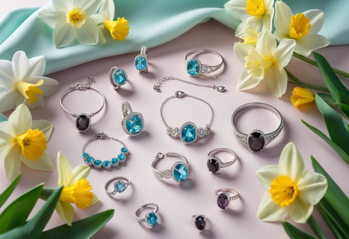 A collection of elegant aquamarine and bloodstone jewelry pieces arranged on pastel fabric with spring flowers around them.