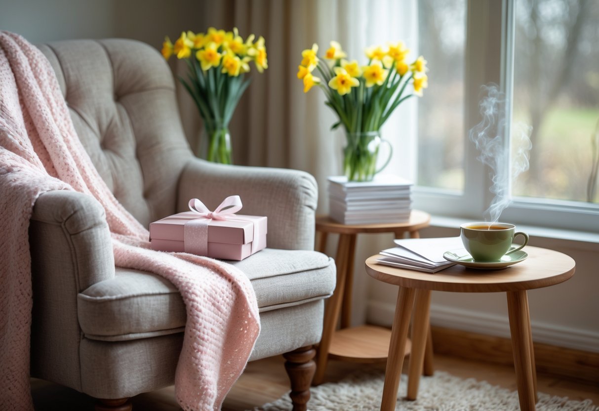 A cozy living room corner with a plush armchair, a wrapped gift box on a wooden side table, fresh spring flowers in a vase, birthday cards, and a cup of tea illuminated by natural light.