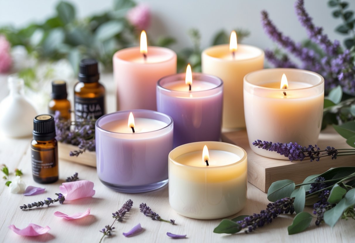 A collection of scented candles and aromatherapy gifts arranged on a wooden surface with flowers and greenery, creating a warm and joyful springtime atmosphere.