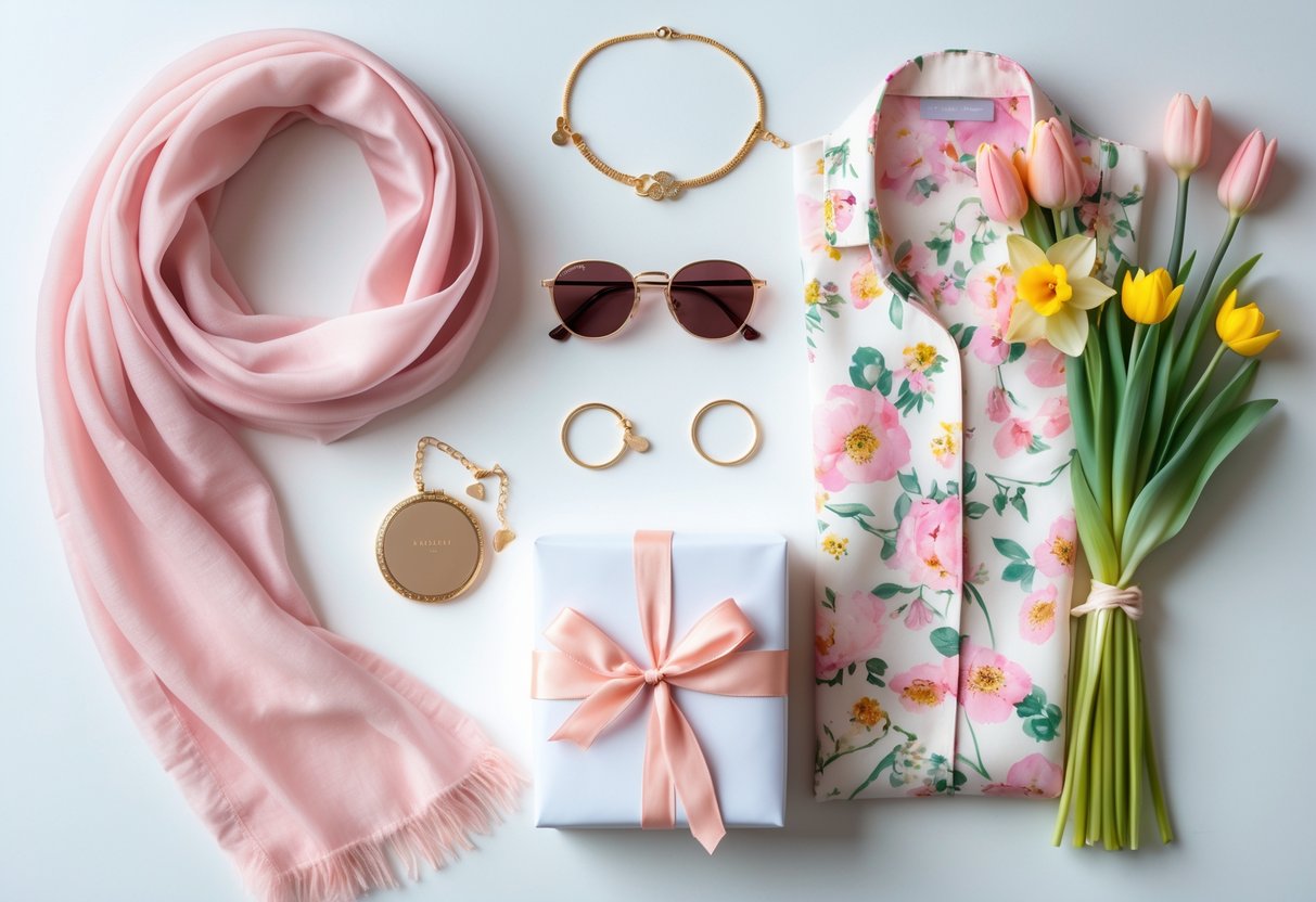 Flat lay of stylish accessories and spring flowers arranged as a birthday gift on a white surface.