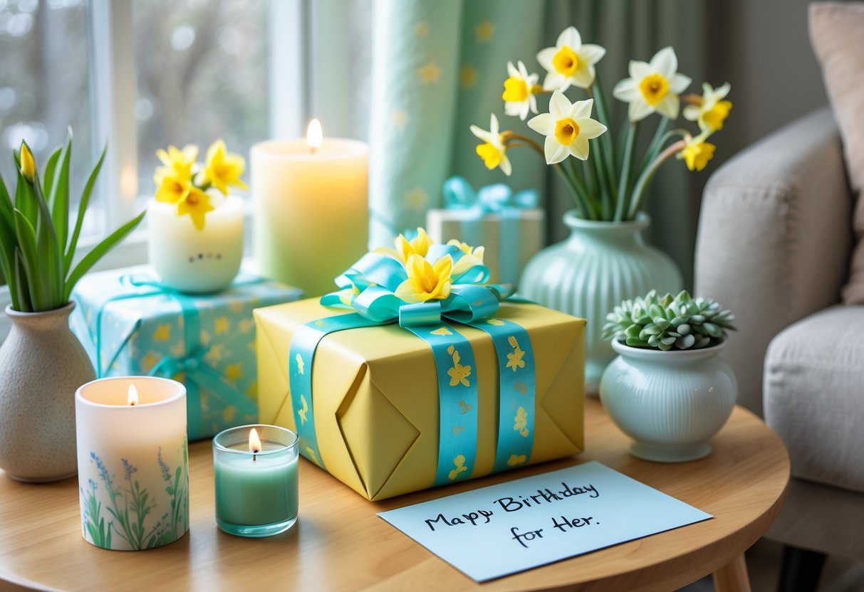 Cozy living room corner with a wrapped gift, fresh flowers, candles, and a birthday card on a wooden table, bathed in natural light.