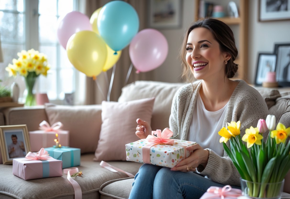 A smiling woman sitting on a sofa surrounded by birthday gifts, flowers, and decorations, looking pleasantly surprised in a warmly lit living room.