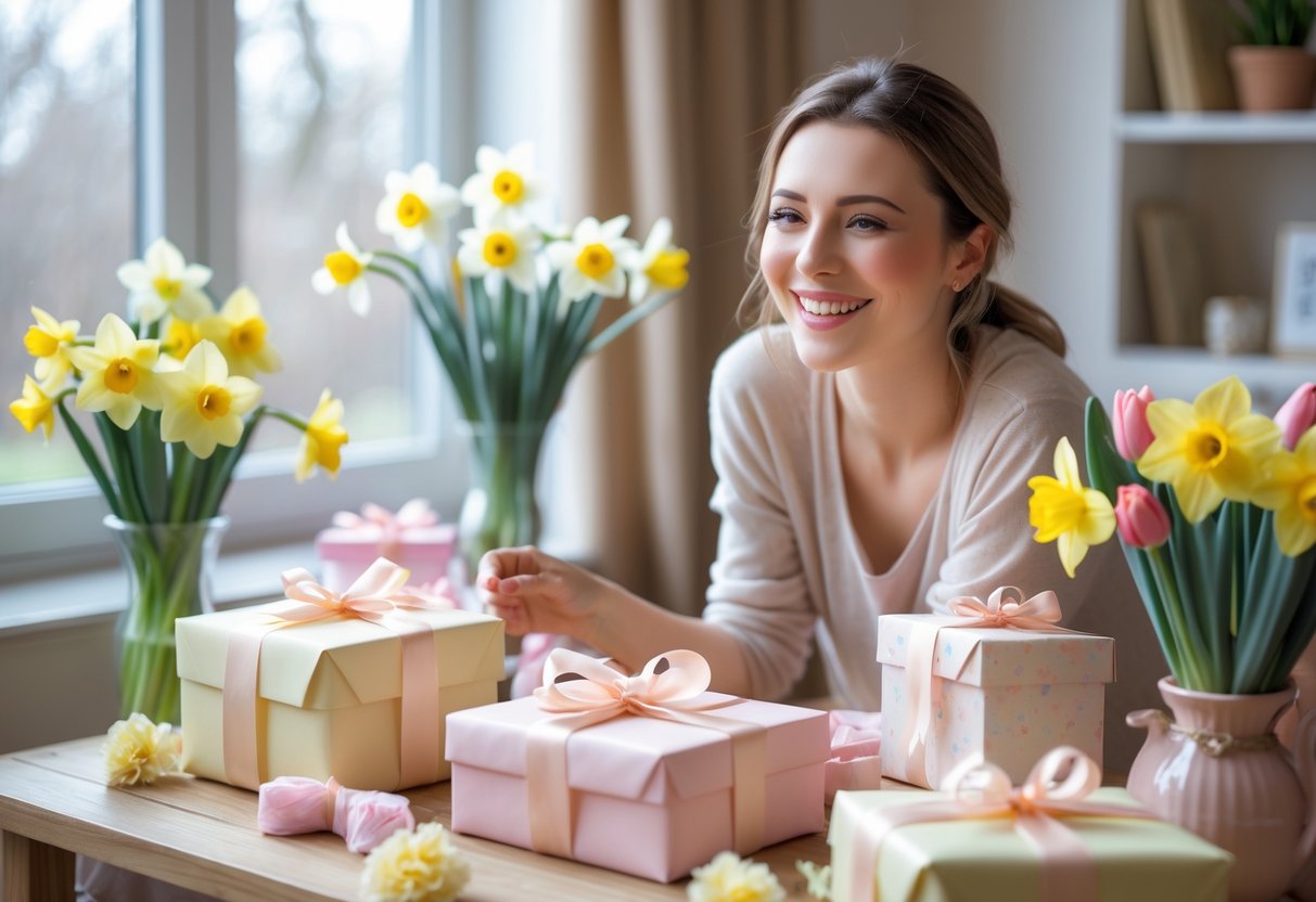 A smiling woman surrounded by wrapped birthday gifts and spring flowers in a cozy room.