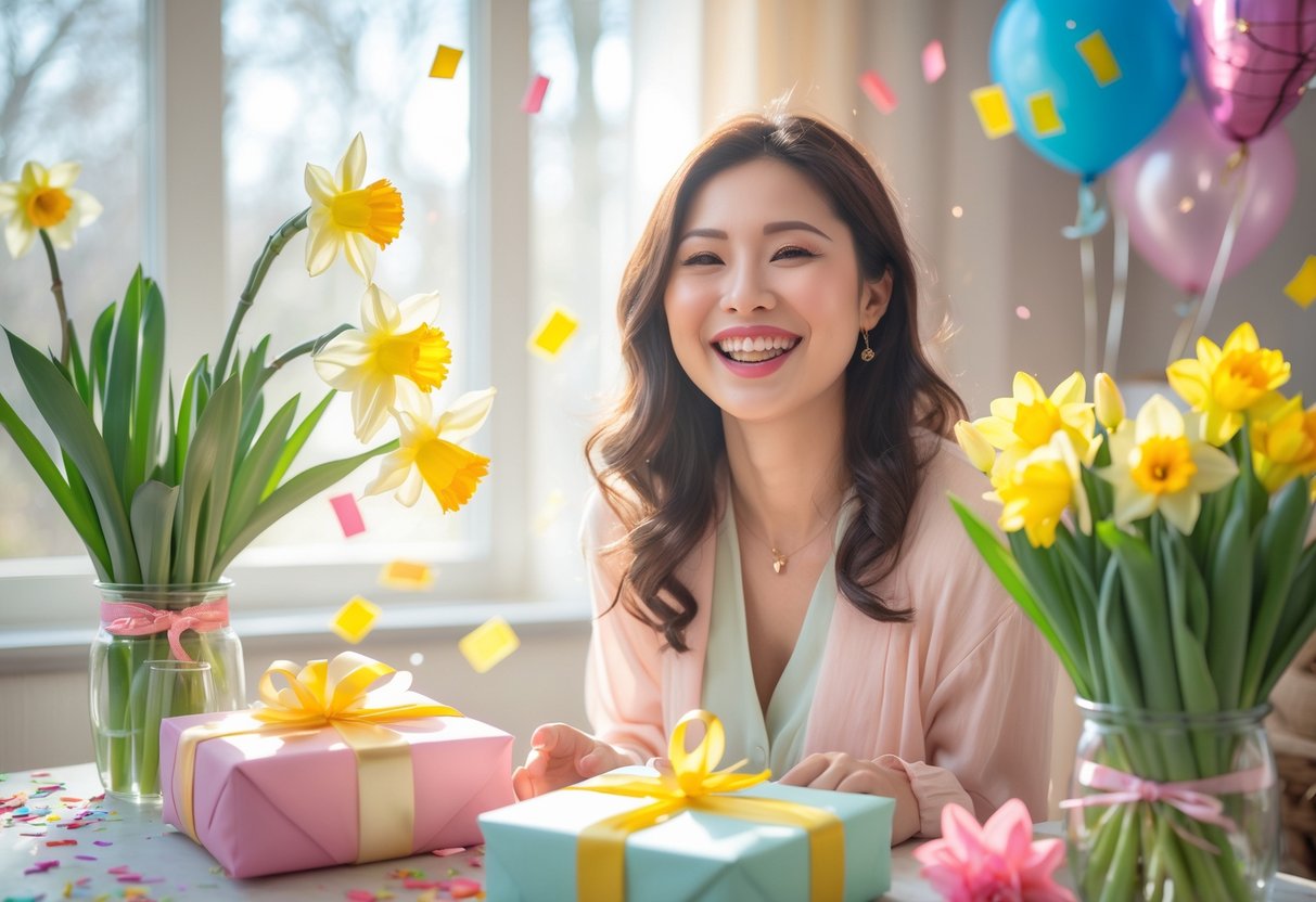 A smiling young woman surrounded by birthday gifts and spring flowers in a sunlit room decorated for a celebration.