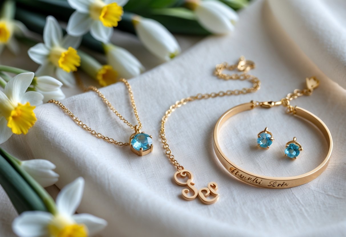 A flat lay of personalized gold jewelry with aquamarine gemstones and spring flowers on a light fabric background.