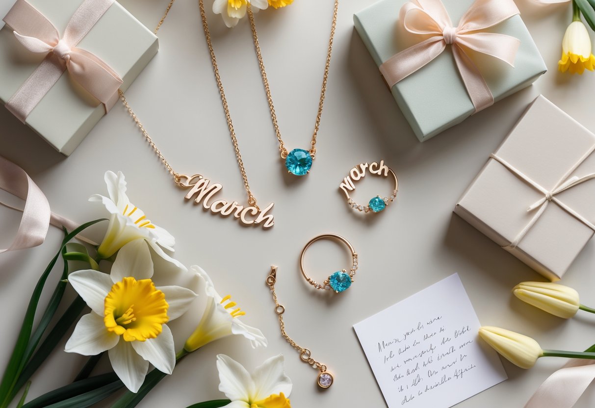 A flat lay of personalized jewelry including name necklaces, birthstone rings, charm bracelets, gift boxes, and spring flowers arranged on a neutral background.
