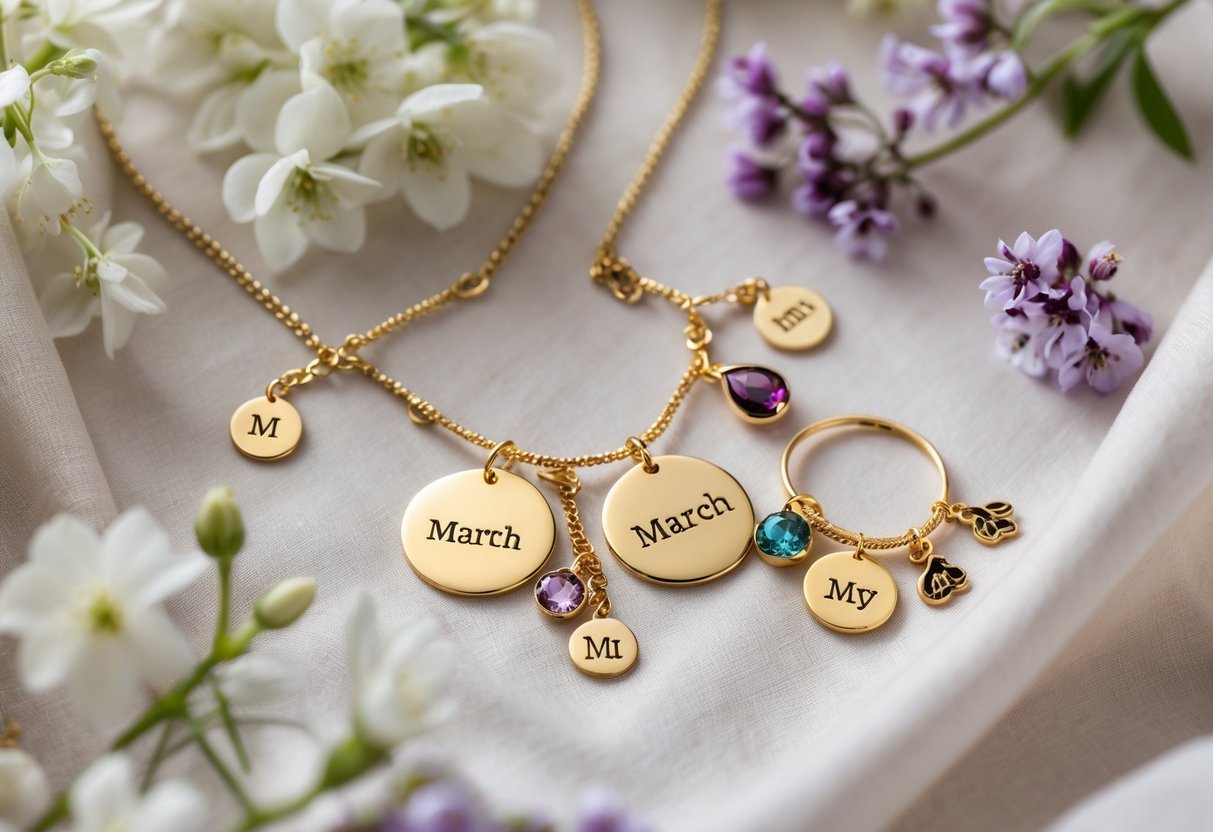 A collection of personalized jewelry including name necklaces, birthstone charm bracelets, and engraved rings displayed on soft fabric with flowers around them.