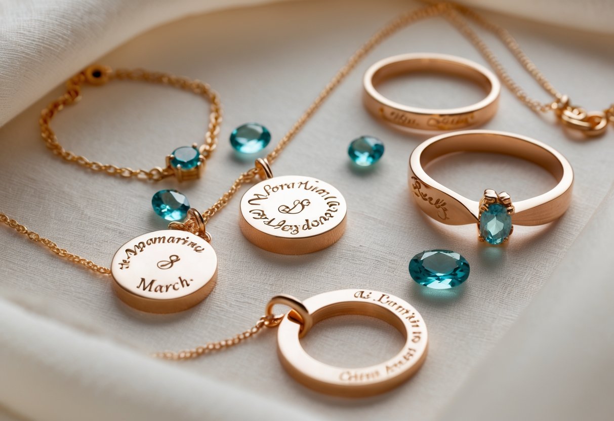 Close-up of engraved personalized jewelry pieces including necklaces, bracelets, and rings with subtle blue birthstone accents arranged on a soft fabric background.