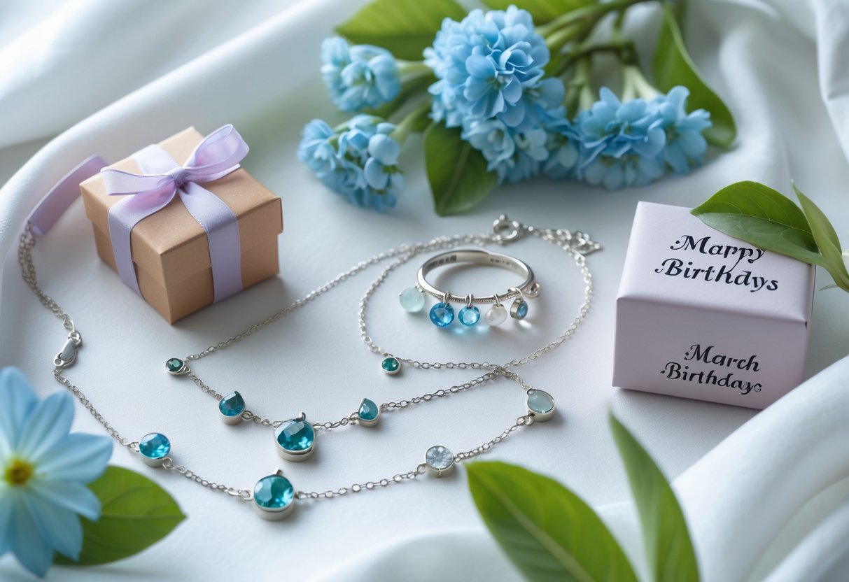 A collection of personalized March birthstone jewelry including a necklace, bracelet, and ring displayed with blue flowers and a gift box.