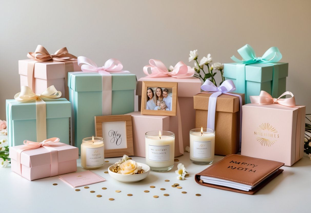 A collection of personalized birthday gifts for women, including wrapped boxes, engraved photo frames, candles, and journals arranged with flowers and confetti.