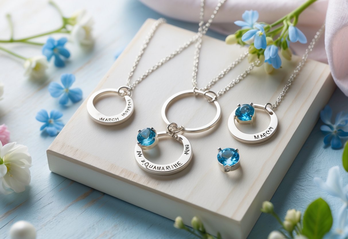 A flat lay of personalized jewelry with aquamarine birthstones and small flowers on a light wooden surface.
