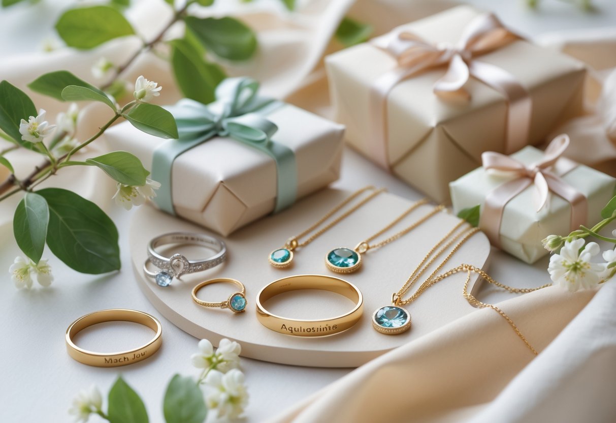 A cozy display of personalized birthstone jewelry and gift items arranged with spring flowers and wrapping materials.