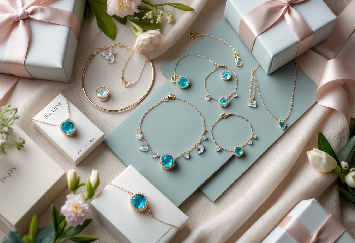 A flat lay of personalized jewelry with aquamarine gemstones and gift boxes surrounded by flowers and greenery.