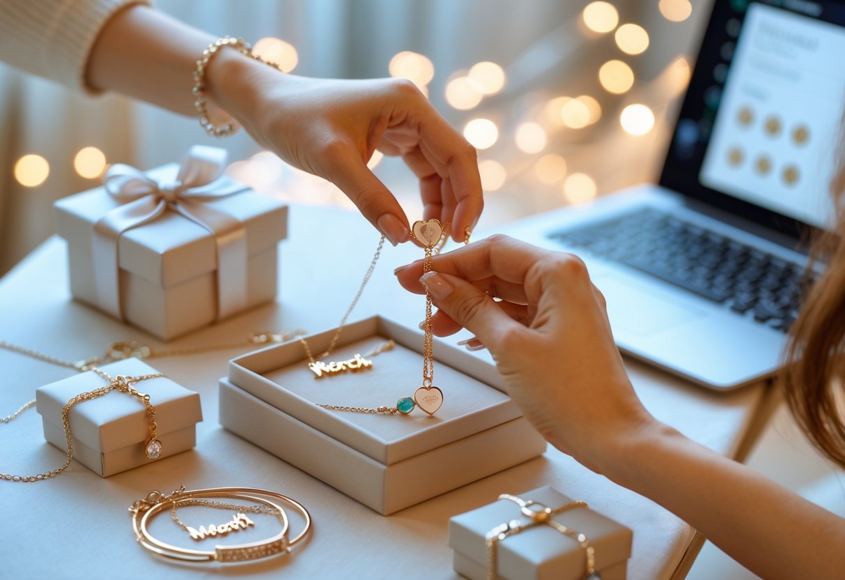 A woman holding an open gift box with a personalized necklace inside, surrounded by various elegant jewelry pieces including birthstone rings and engraved pendants, with a laptop showing an online jewelry store in the background.