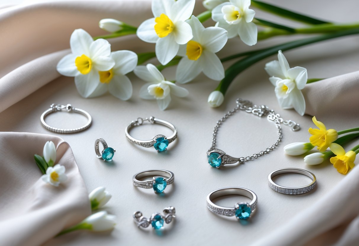 An elegant display of personalized aquamarine jewelry with spring flowers on a soft fabric background.