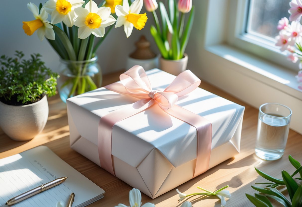A wrapped birthday gift surrounded by spring flowers, a small potted plant, and a journal on a wooden table near a sunlit window.