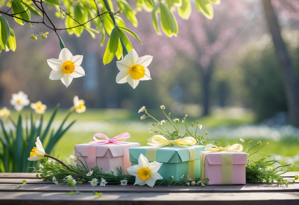 A wooden table outdoors with pastel-colored gift boxes surrounded by fresh spring flowers and green leaves, set against a blurred garden background.