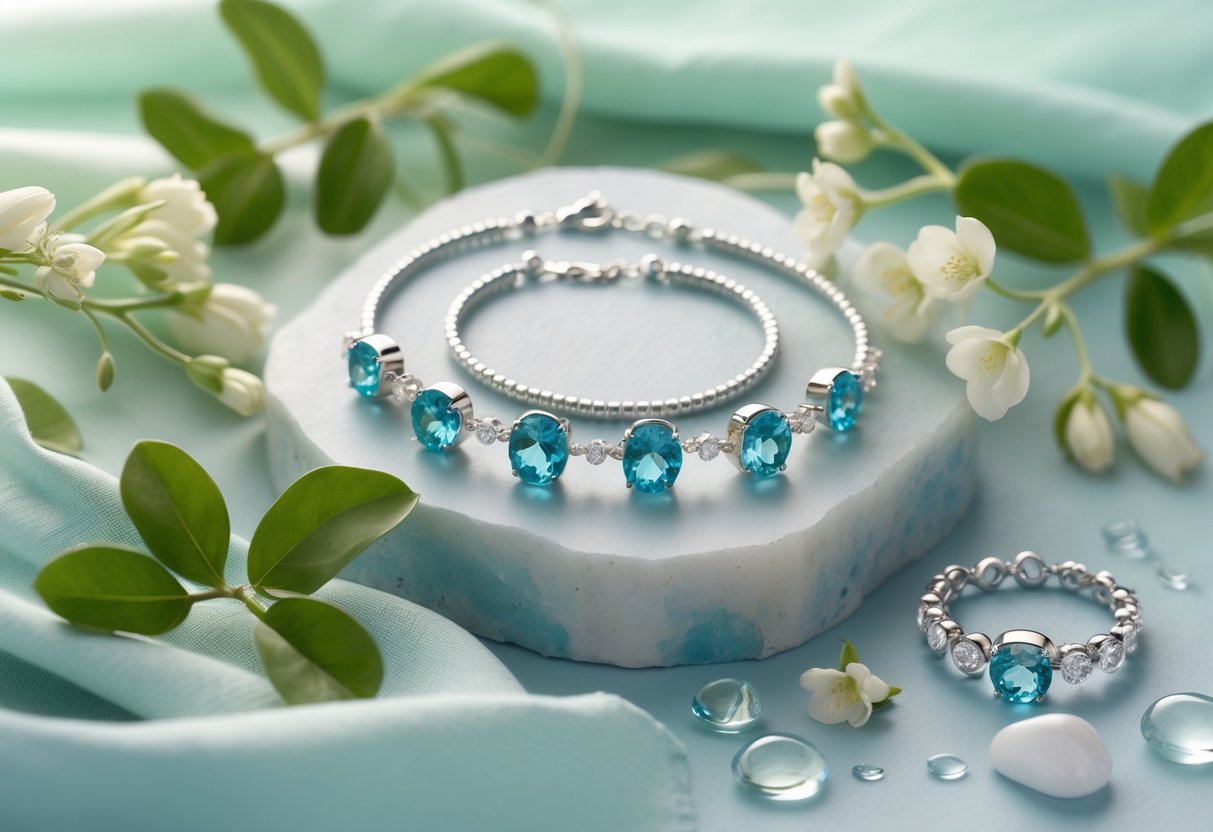 A display of aquamarine gemstone jewelry including necklaces, bracelets, and rings arranged with spring leaves and white flowers on a soft fabric background.