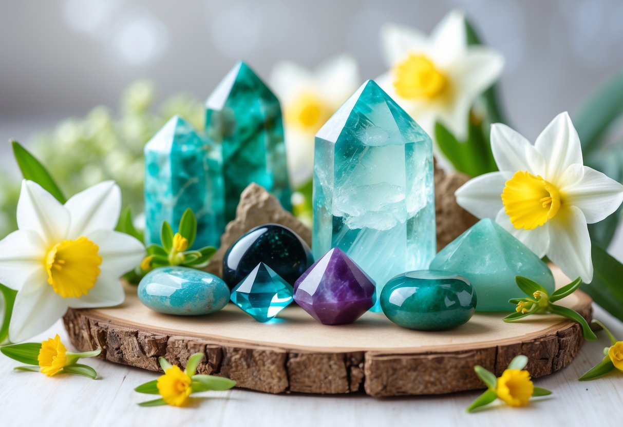 An arrangement of aquamarine and green healing stones with spring flowers and leaves on a wooden surface, symbolizing growth and renewal.