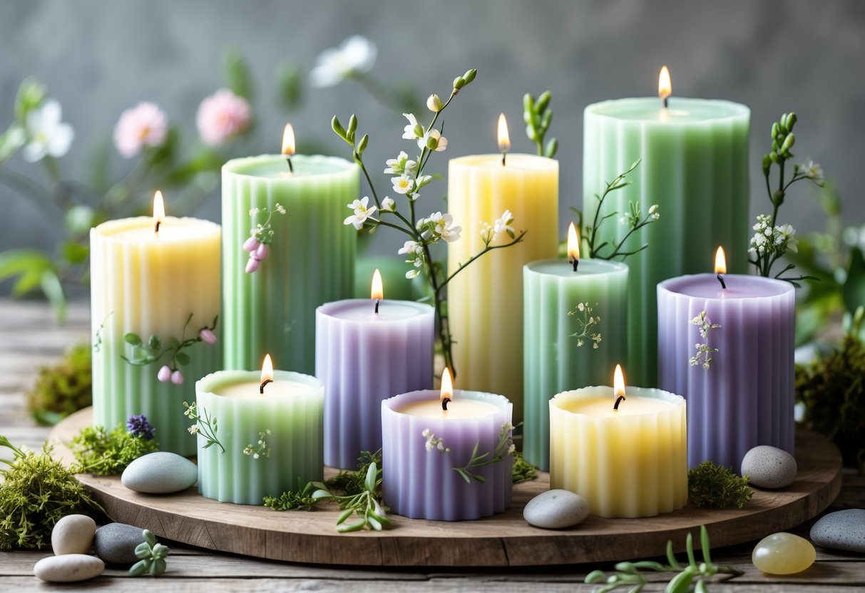 A collection of pastel-colored candles decorated with flowers and greenery arranged on a wooden table with spring elements around them.