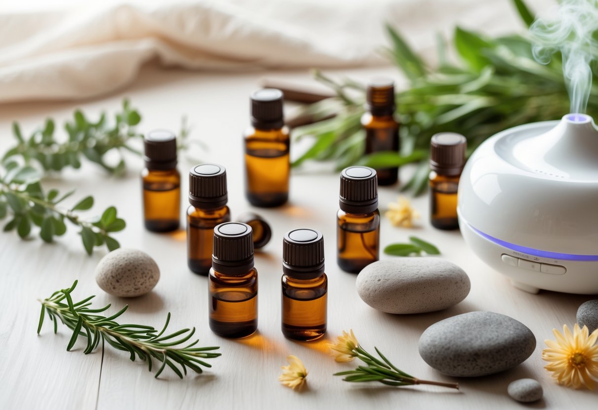 A flat lay of essential oil bottles, fresh herbs, a ceramic diffuser, smooth stones, and dried flowers arranged on a wooden surface.