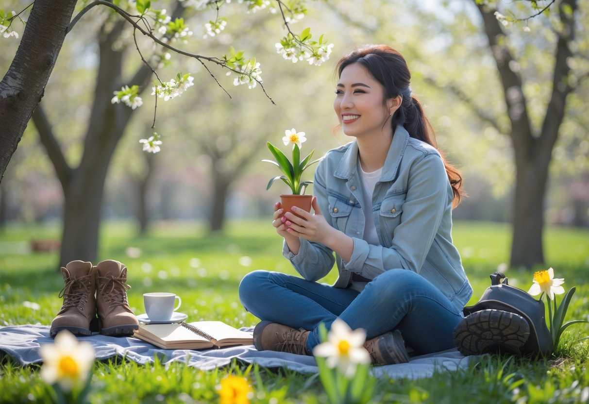 A young woman outdoors in early spring holding a small potted plant, surrounded by blossoming trees and fresh greenery.