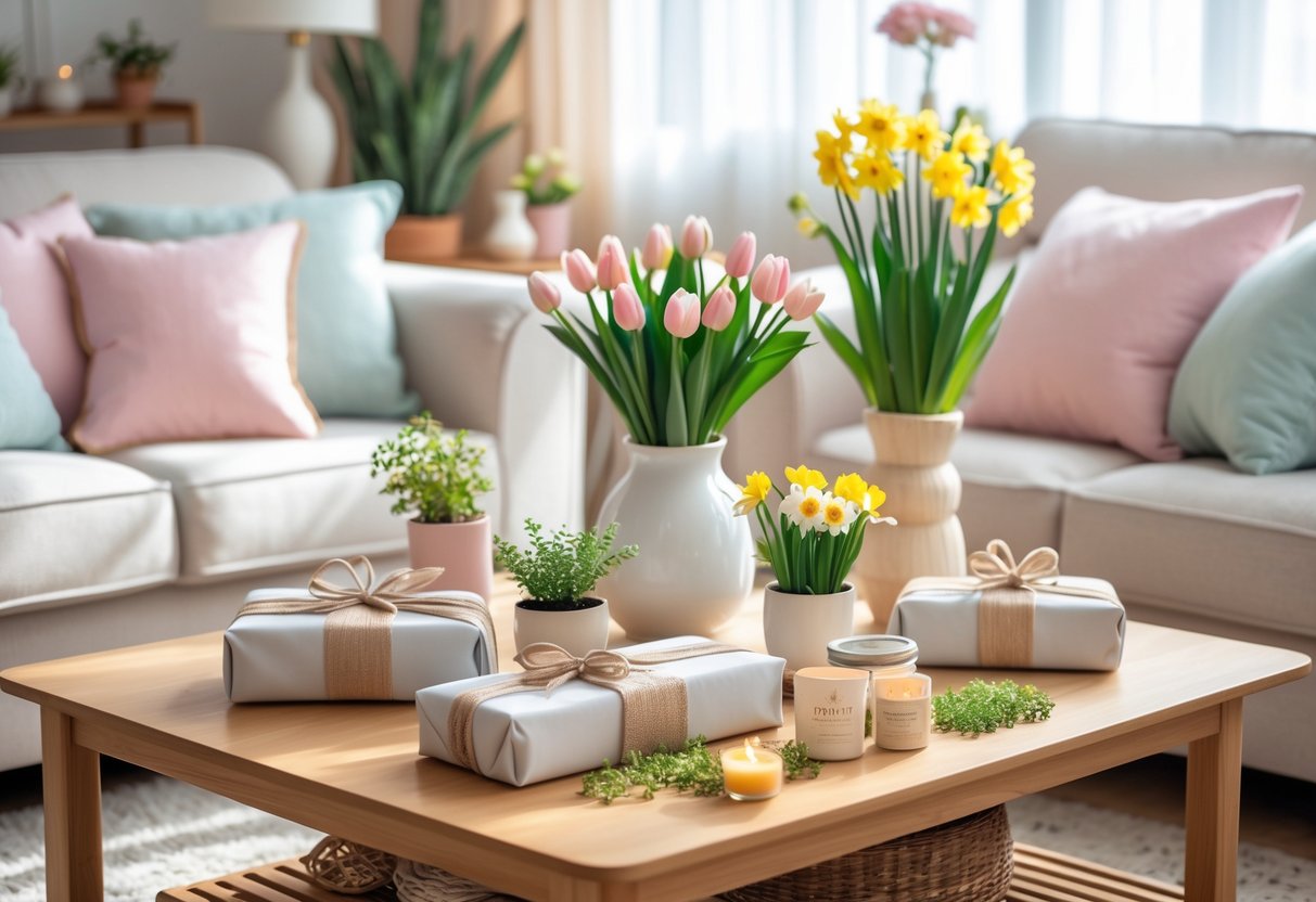 A sunlit living room with pastel cushions, fresh spring flowers, potted plants, wrapped gifts, and decorative ceramics on a wooden table.