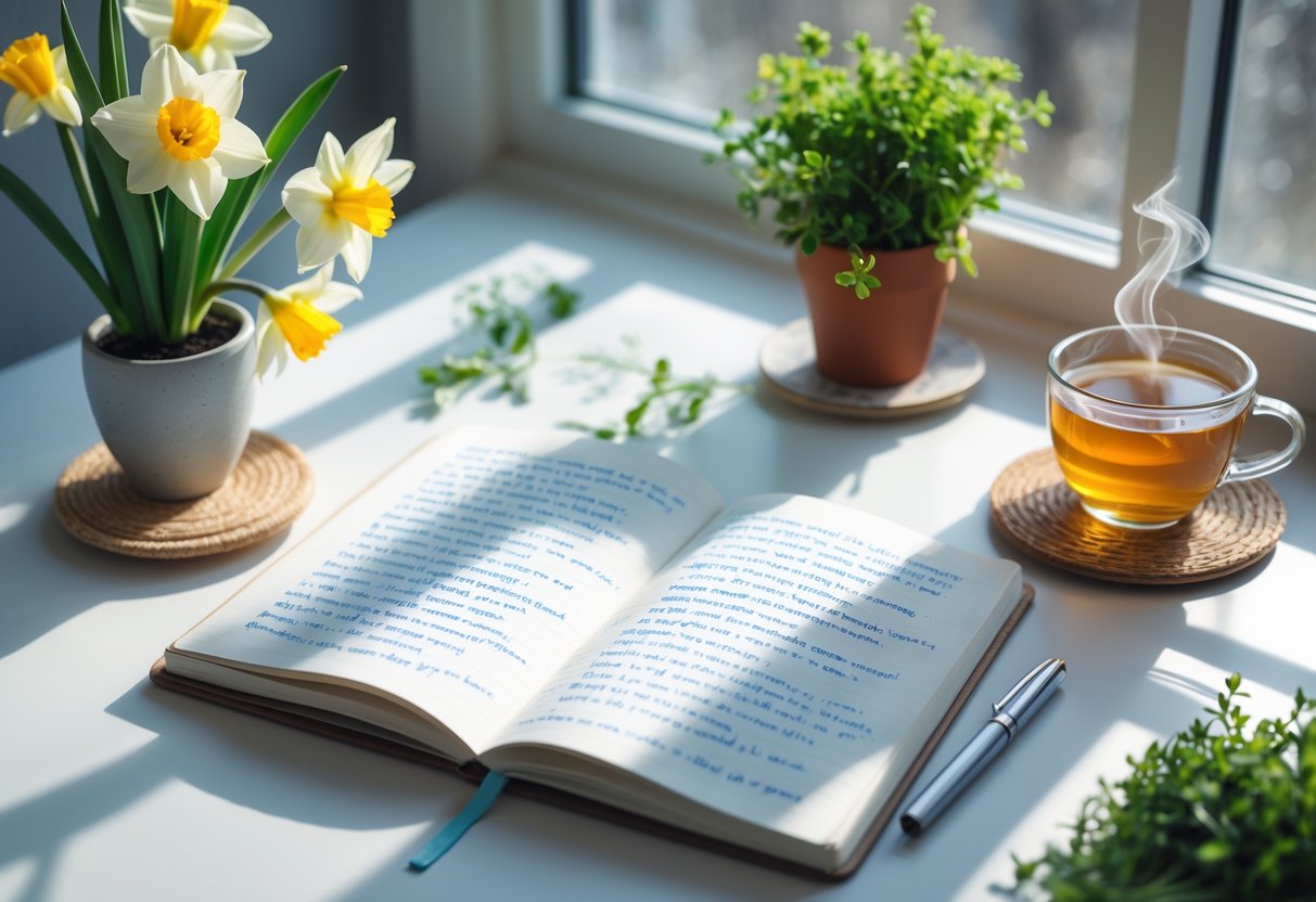 A sunlit workspace with an open journal, a pen, a small green plant, spring flowers, and a cup of tea on a desk.