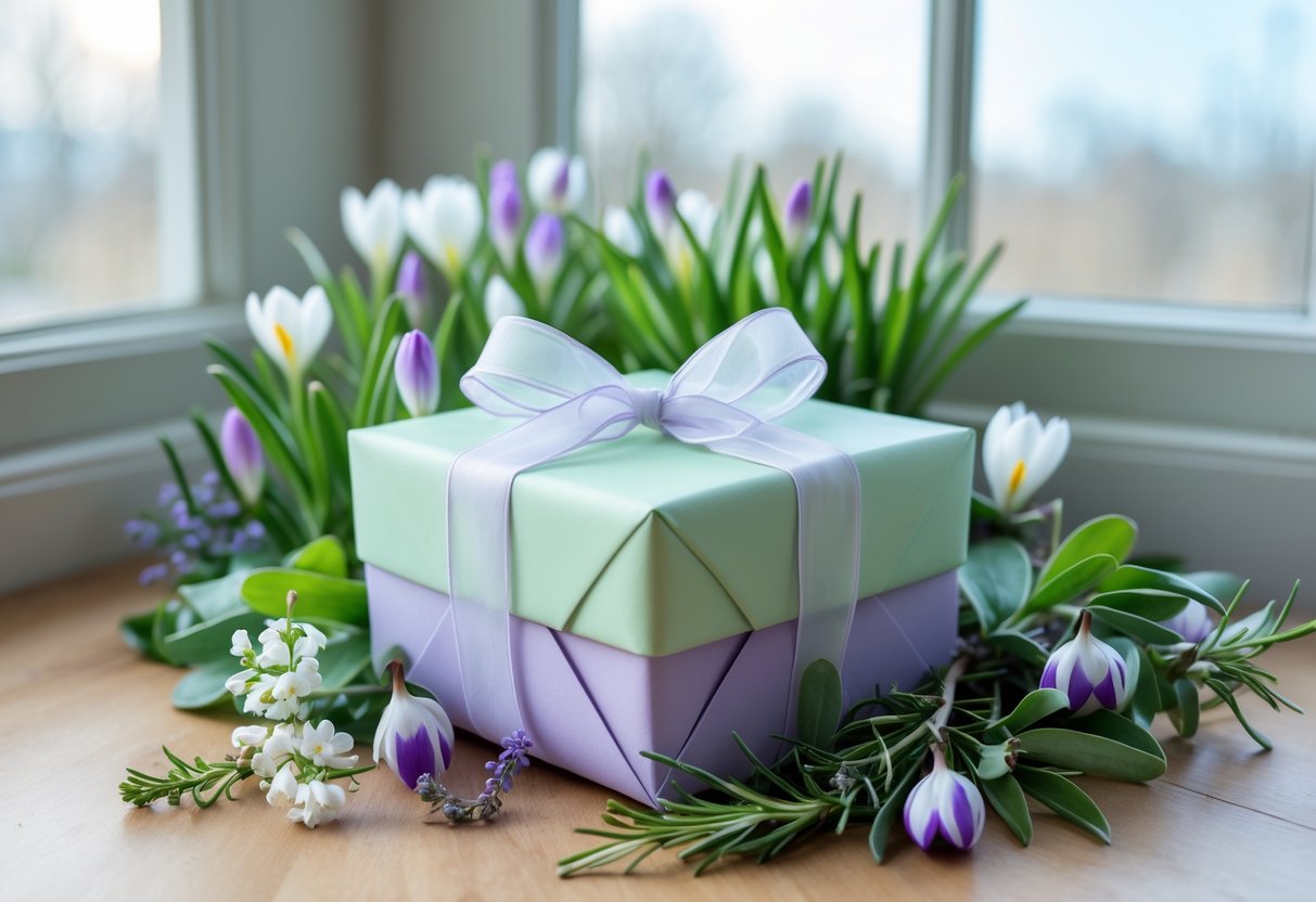 A wrapped gift box surrounded by spring flowers and greenery on a wooden table with soft natural light.