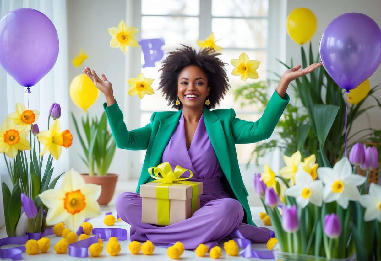 A joyful woman surrounded by spring flowers and colorful birthday decorations, holding a wrapped gift in a sunlit room.