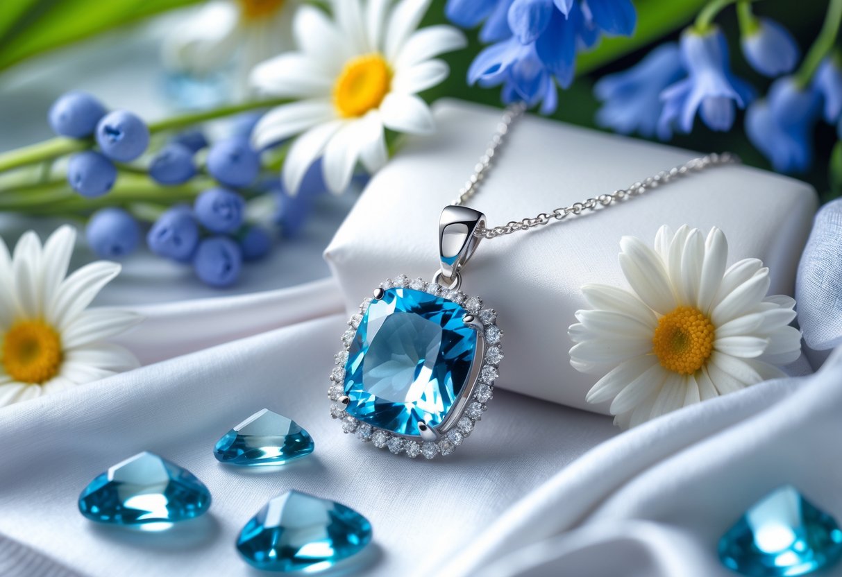 A close-up of aquamarine jewelry displayed on white fabric with spring flowers around it.
