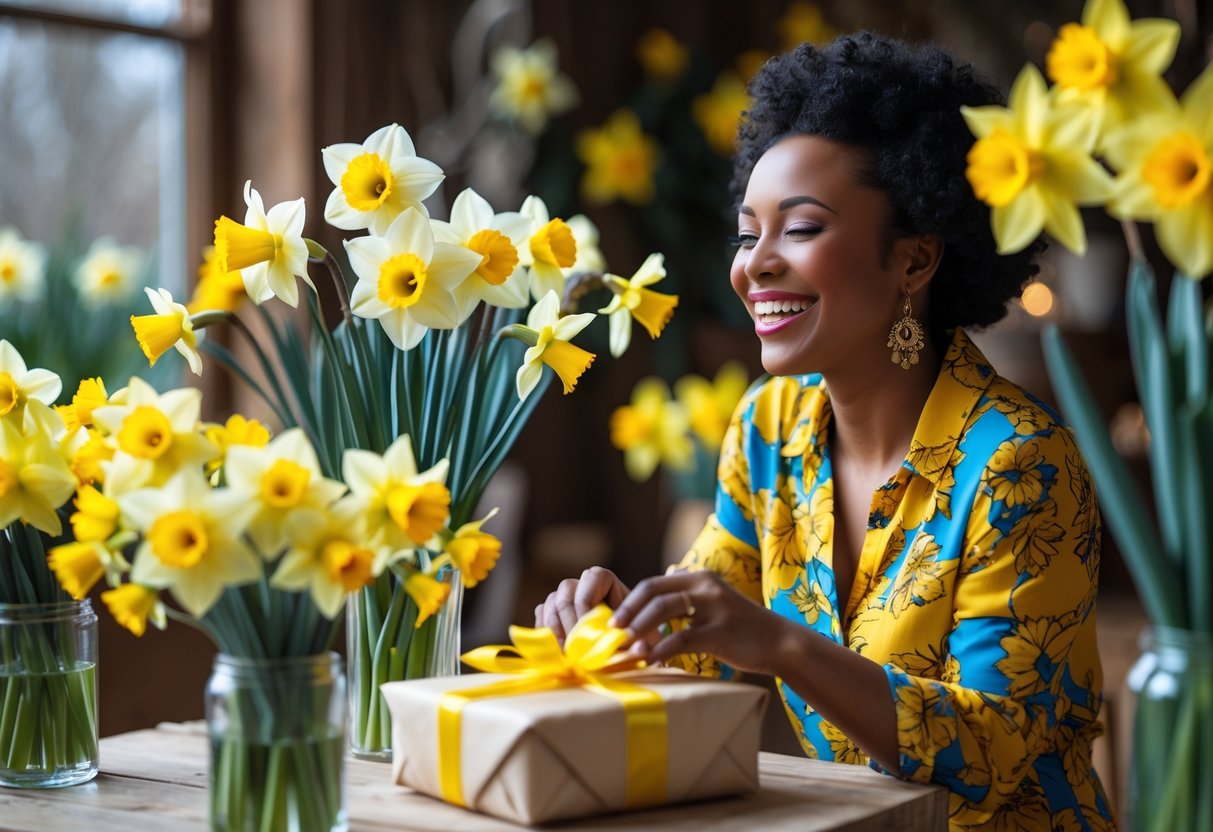 A woman smiling happily while surrounded by bright yellow daffodils and holding a wrapped birthday gift in a sunlit setting.