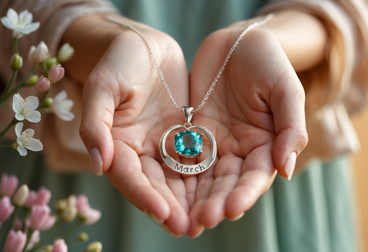 Close-up of a woman's hands holding a personalized March birthstone necklace surrounded by spring flowers.