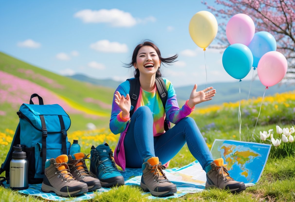 A young woman smiling outdoors in a sunny spring landscape with hiking gear and a small birthday picnic nearby.