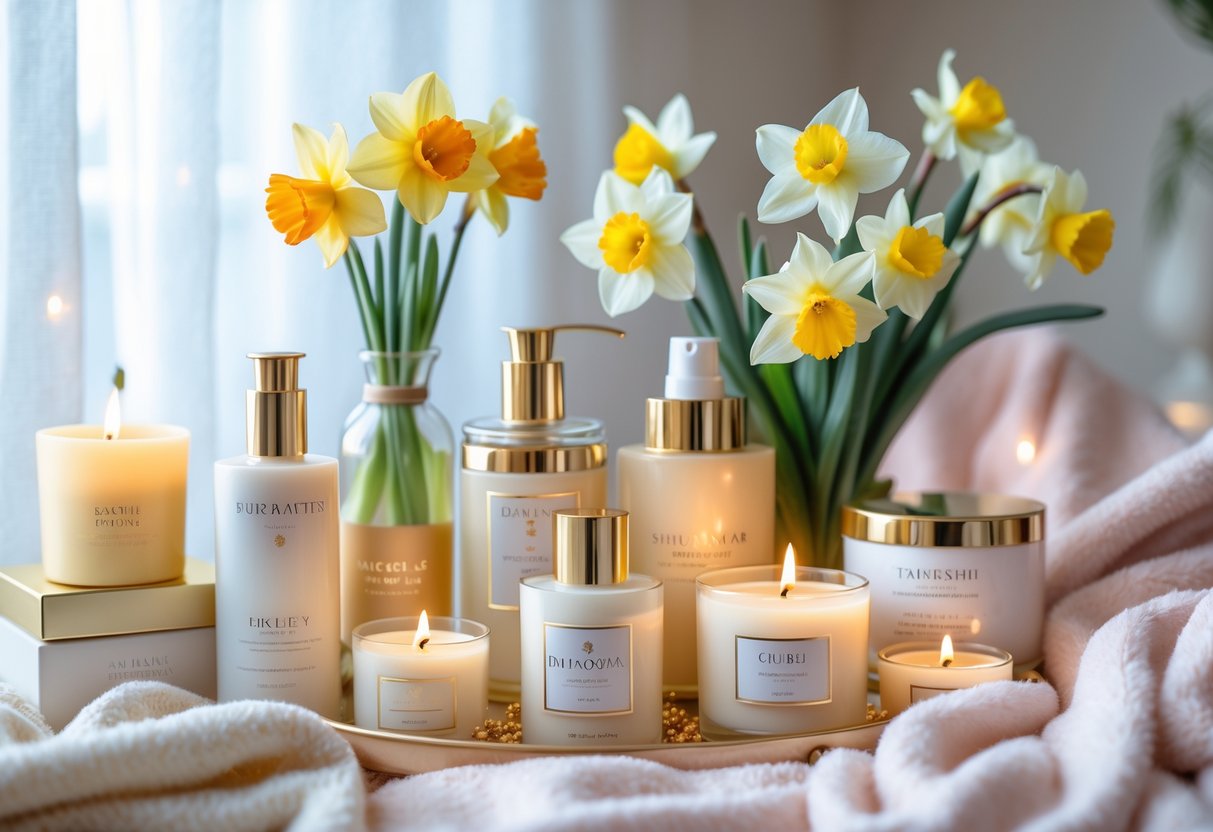 A peaceful arrangement of skincare products, candles, fresh spring flowers, and a cozy blanket on a softly lit surface.