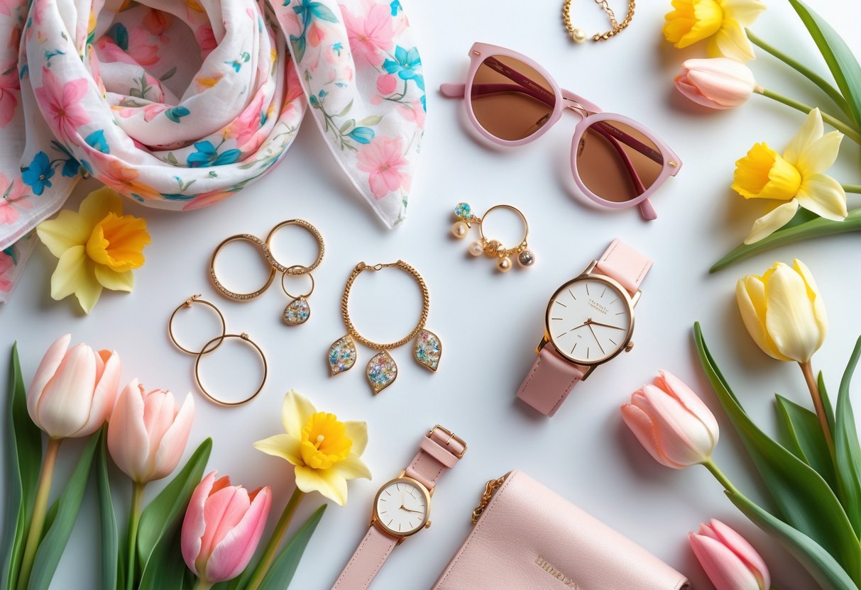 Flat lay of colorful fashion accessories and spring flowers arranged on a bright surface.