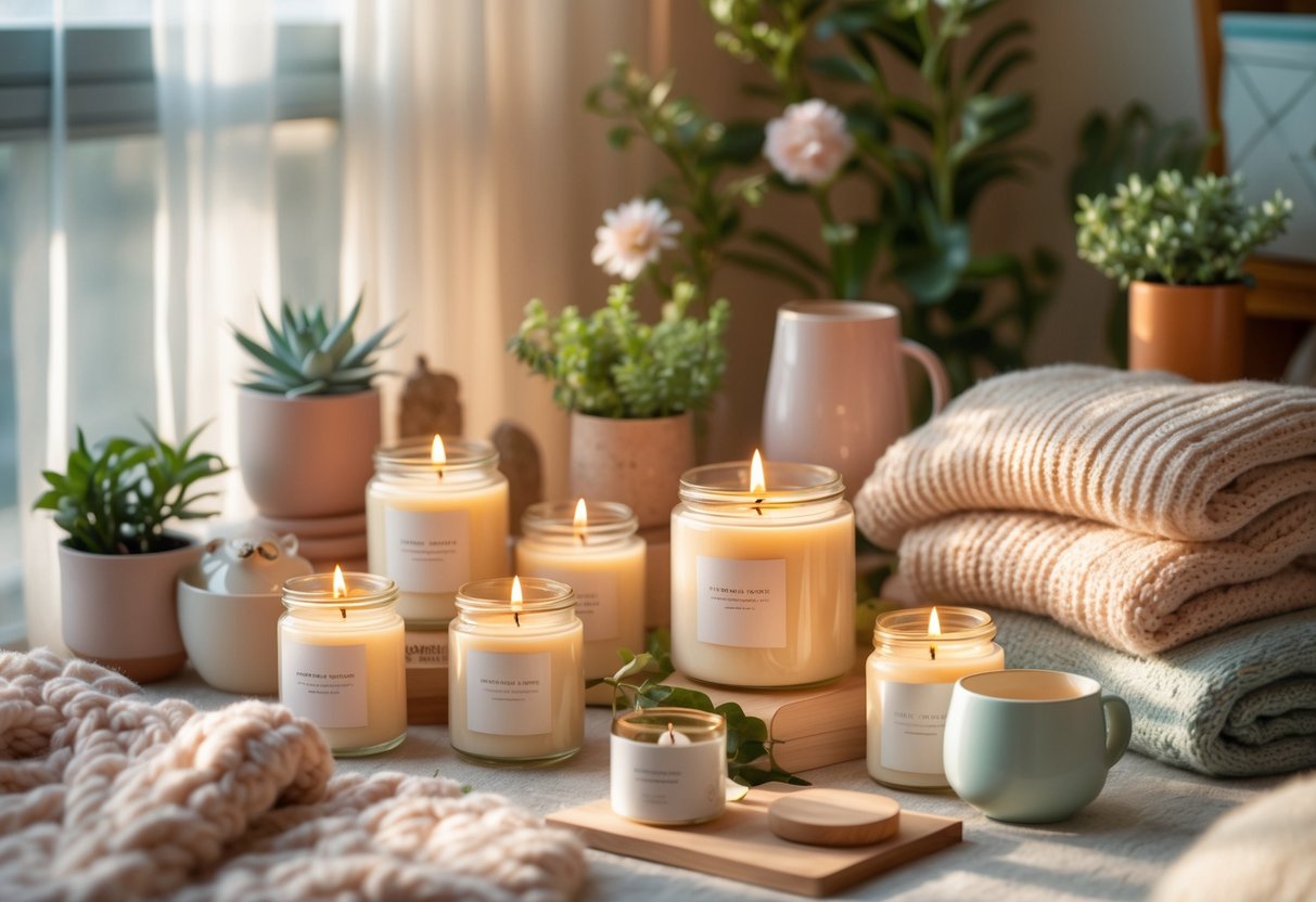 A cozy living room corner with lit scented candles, knitted blankets, ceramic mugs, and potted plants arranged on a wooden table near a sunlit window.