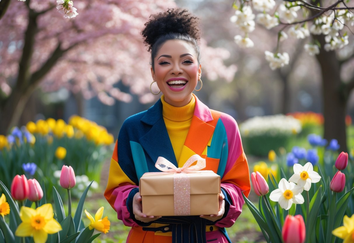 A smiling young woman outdoors holding a wrapped gift, surrounded by colorful spring flowers.