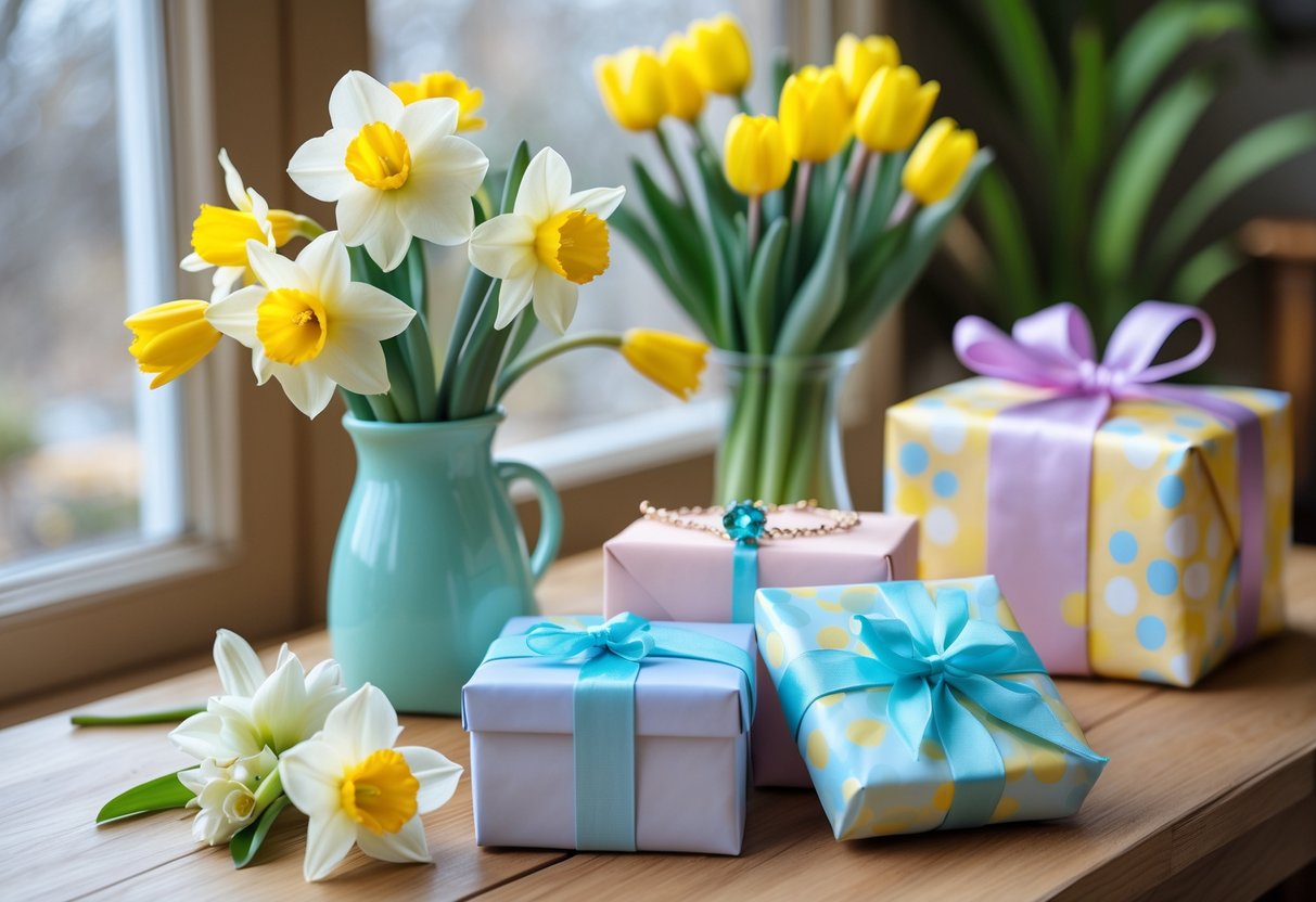 A brightly lit table with spring flowers, aquamarine jewelry, and wrapped birthday gifts arranged in a cozy living space.