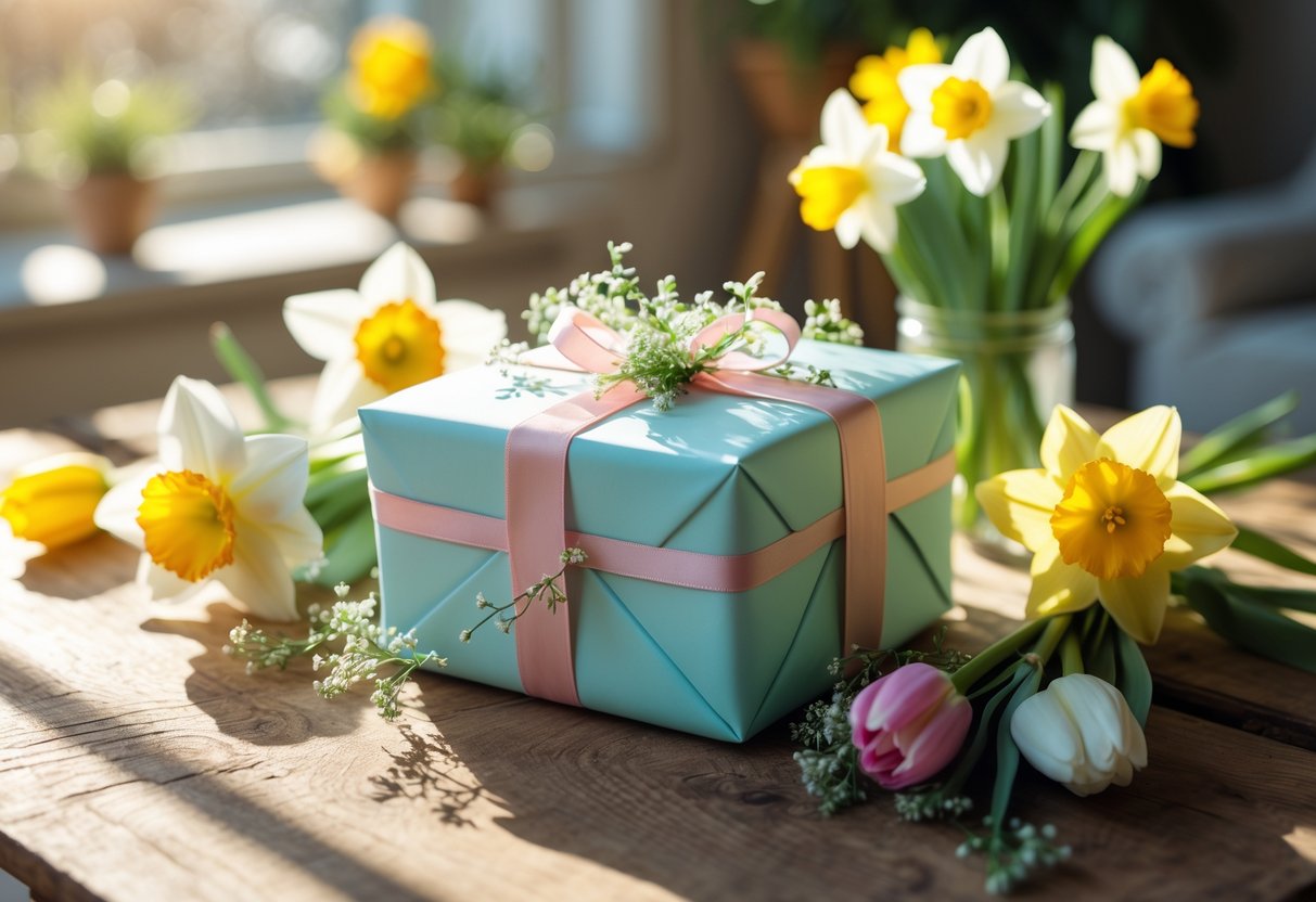 A wrapped birthday gift surrounded by spring flowers on a wooden table in sunlight.