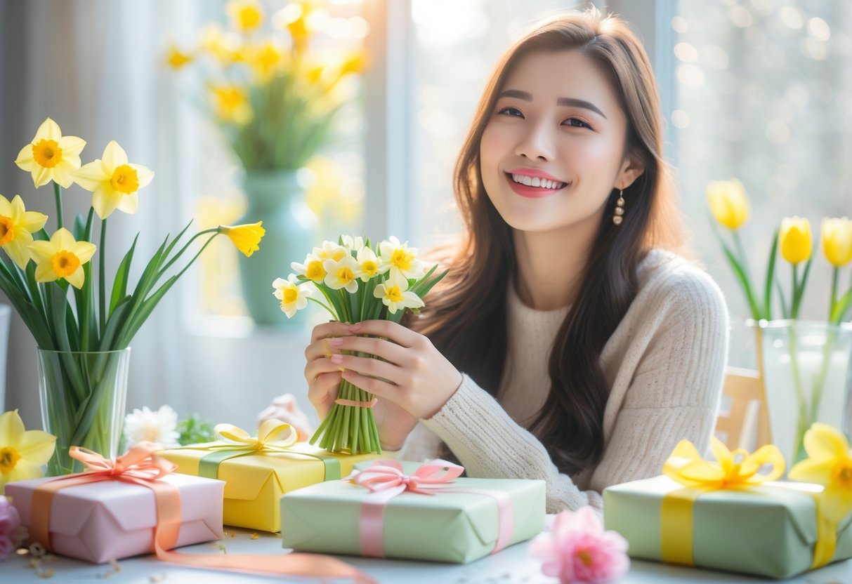 A smiling young woman sitting at a table with spring flowers and pastel-colored wrapped gifts, bathed in warm sunlight.