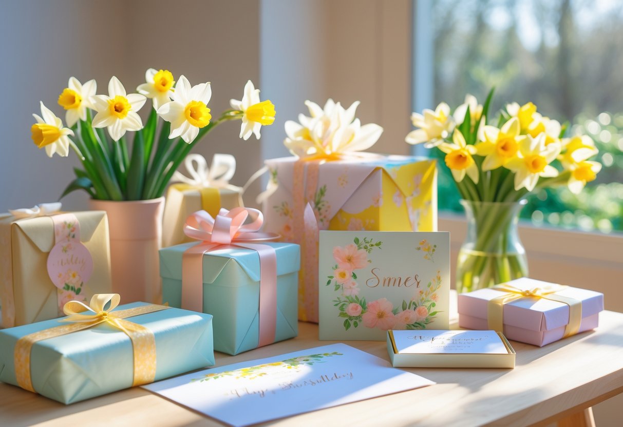 A sunlit table with spring flowers, pastel-wrapped gift boxes, a custom jewelry box, and a handwritten card arranged together.