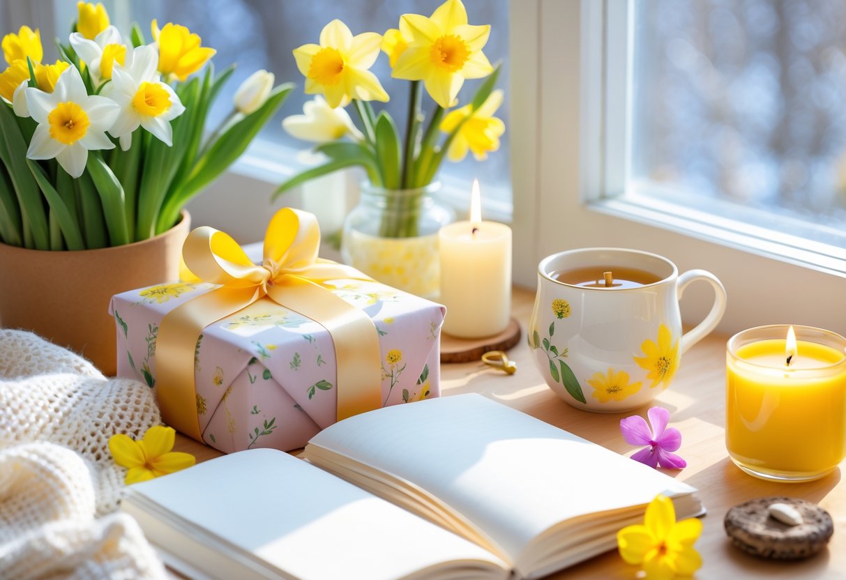 A sunlit indoor scene with spring flowers, a wrapped gift box, a lit candle, a mug of tea, and an open journal arranged on a wooden table.