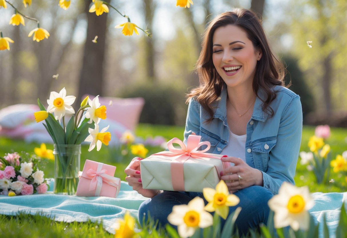 A woman smiling as she unwraps a birthday gift outdoors surrounded by spring flowers and sunlight.
