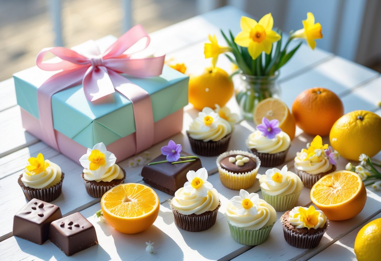 A sunlit wooden table with a pastel-wrapped gift box, artisanal chocolates, cupcakes with edible flowers, fresh citrus fruits, and a small bouquet of yellow daffodils and tulips.