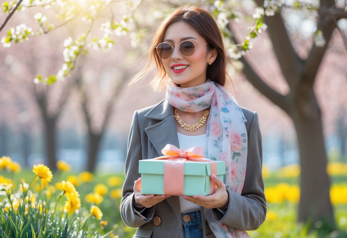 A young woman outdoors on a sunny spring day wearing fashionable accessories and holding a wrapped gift box among yellow flowers and green trees.
