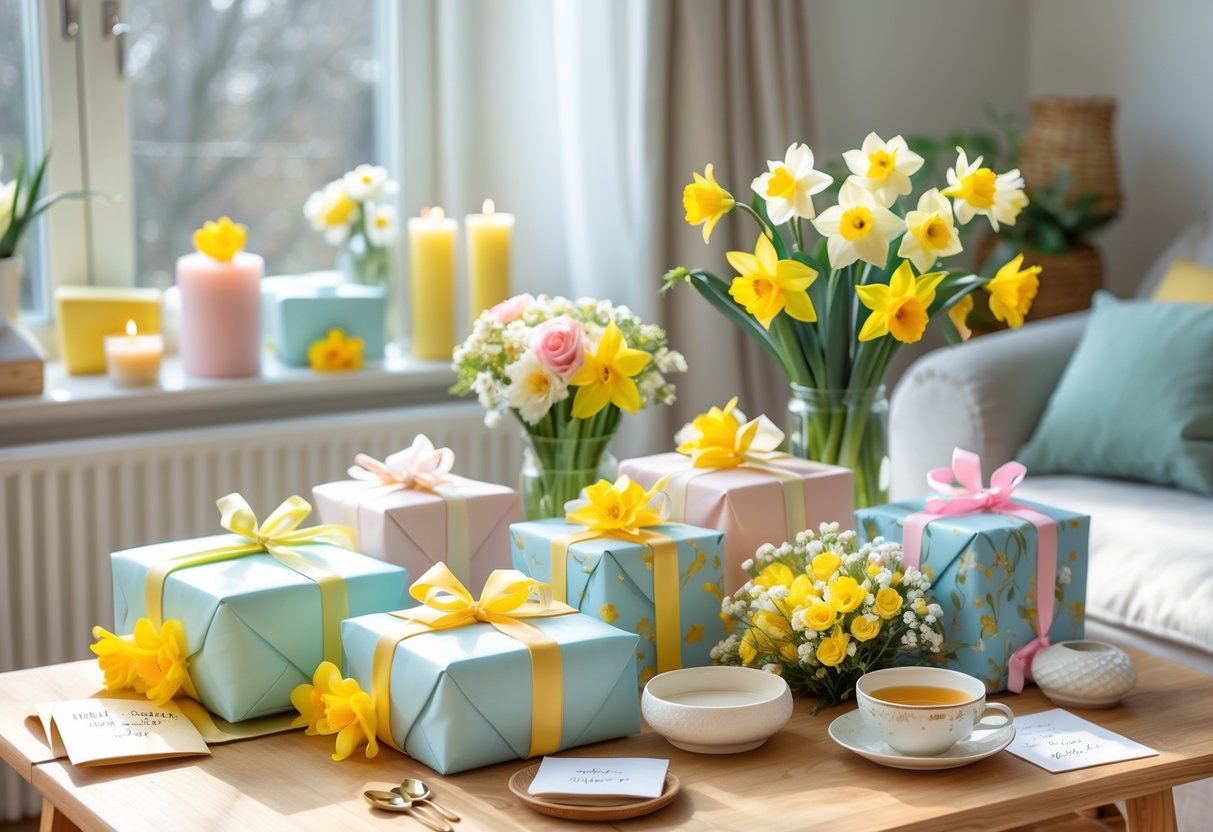 A sunlit living room table with wrapped birthday gifts, fresh spring flowers, candles, and a cup of tea arranged to create a warm and joyful atmosphere.
