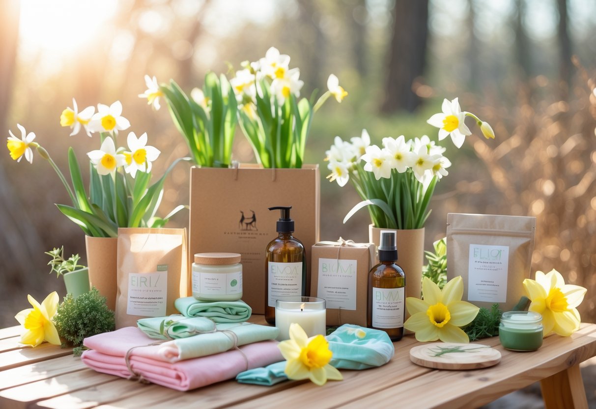 A collection of eco-friendly gifts including bamboo items, organic scarves, beeswax candles, potted plants, and spring flowers arranged on a wooden table with sunlight.