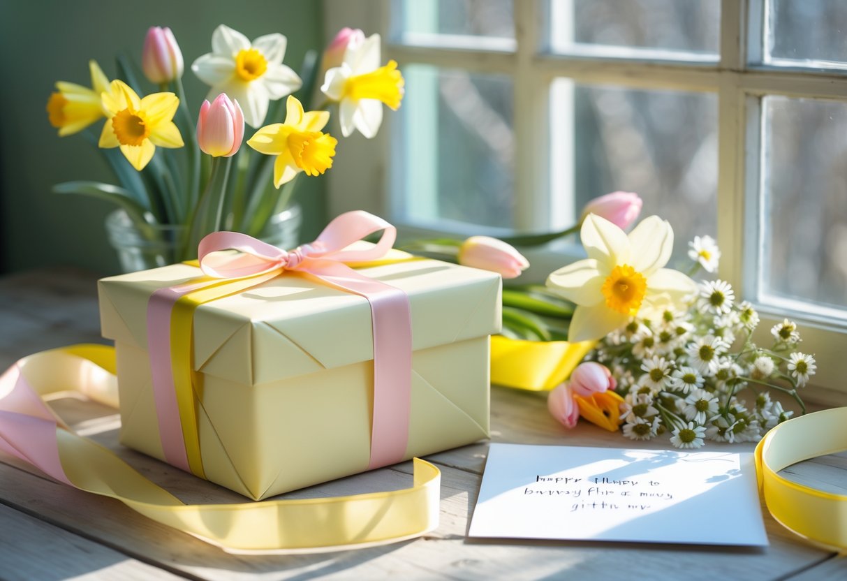 A wrapped birthday gift with ribbons on a sunlit table surrounded by spring flowers and a handwritten card.