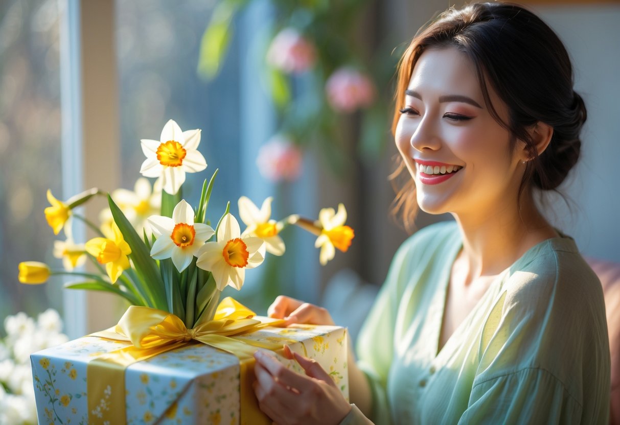 A young woman happily receiving a gift box decorated with spring flowers in a softly lit room.